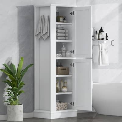Freestanding Cabinet Tall Bathroom Storage Cabinet with Left or Right Hook, Adjustable Shelves and Anti-toppling Device
