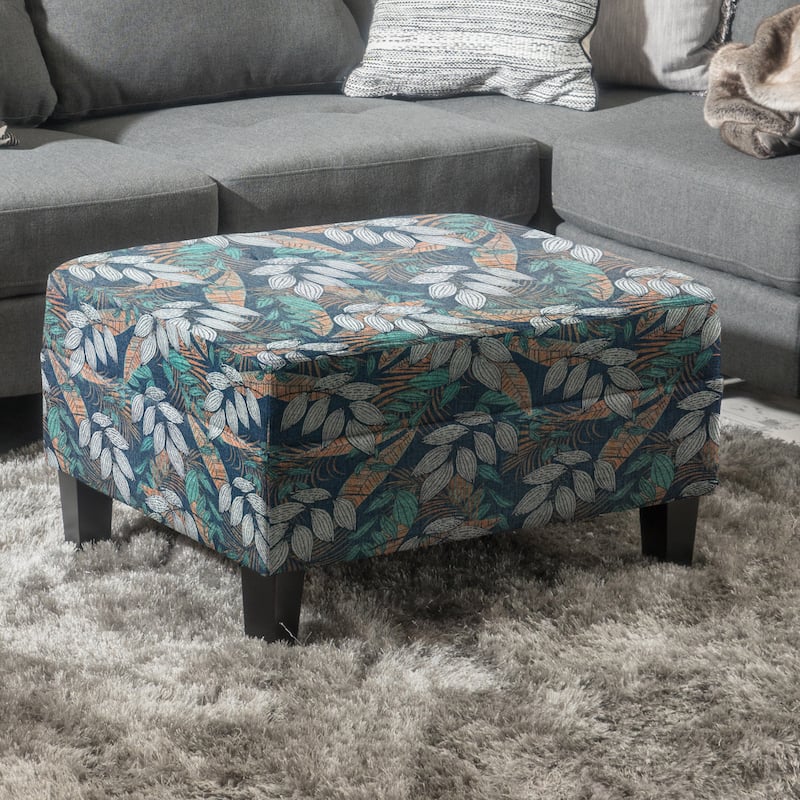 Roomfitters Tufted Storage Ottoman Bench with Hidden Compartment, Tropical Print Upholstered Accent Footrest, Multicolor - Blue