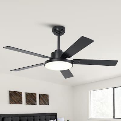 52" Industrial Matte Black 5-Blade Ceiling Fan with Light and Remote, APP Control