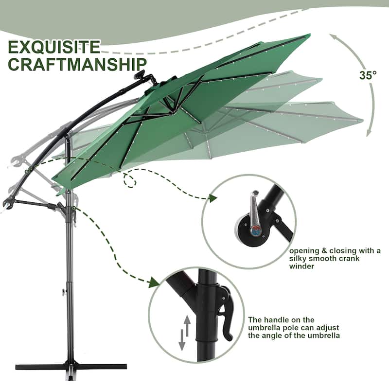 HOMEFUN 10ft Solar LED Offset Hanging Market Patio Umbrella