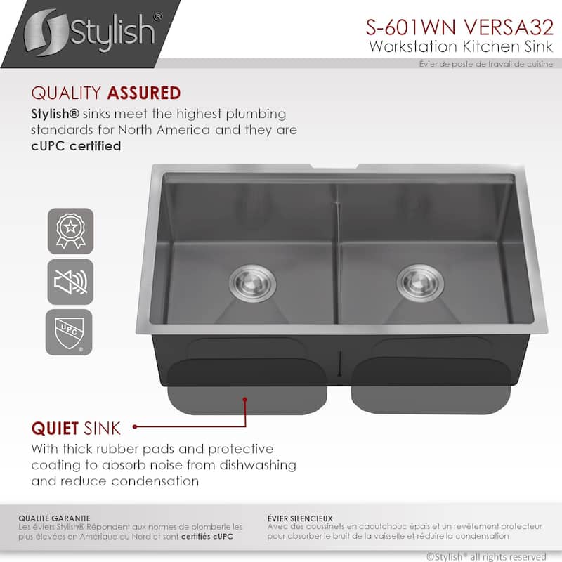 Stylish Undermount 32" Stainless Steel Double-Bowl 16G Kitchen Sink - 32" x 19" x 10"
