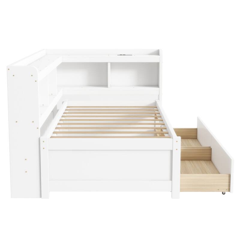 Bed with L-shaped Bookcases, Drawers