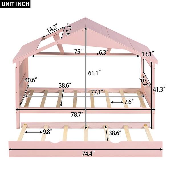 Pink Twin Size Solid Wood House Bed with Trundle and Storage for for Kids, Boys and Girls