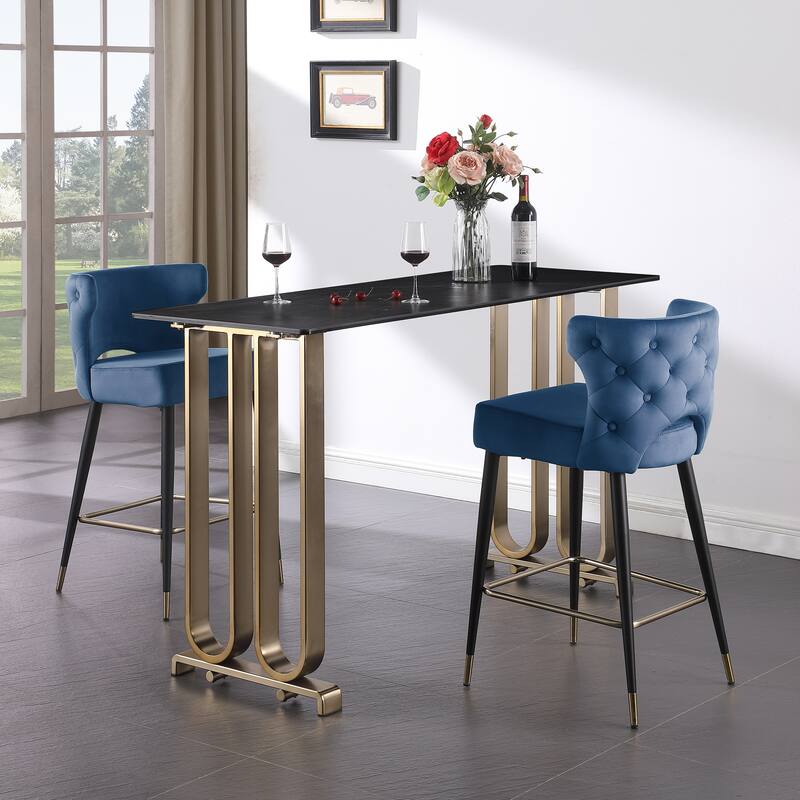 Contemporary Velvet Thick Upholstered Counter Bar Stool Set of 2,with Gold Tipped and Black Metal Legs