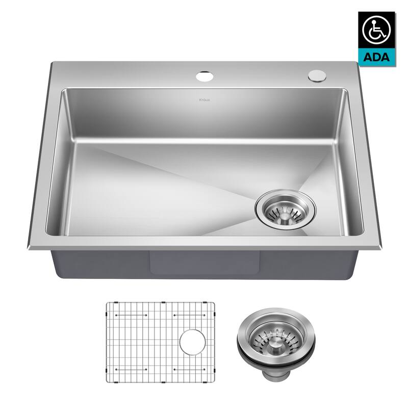KRAUS Fairlane Drop In Top Mount 18 Gauge Stainless Steel Kitchen Sink - 25" x 22" Single Bowl ADA Sink