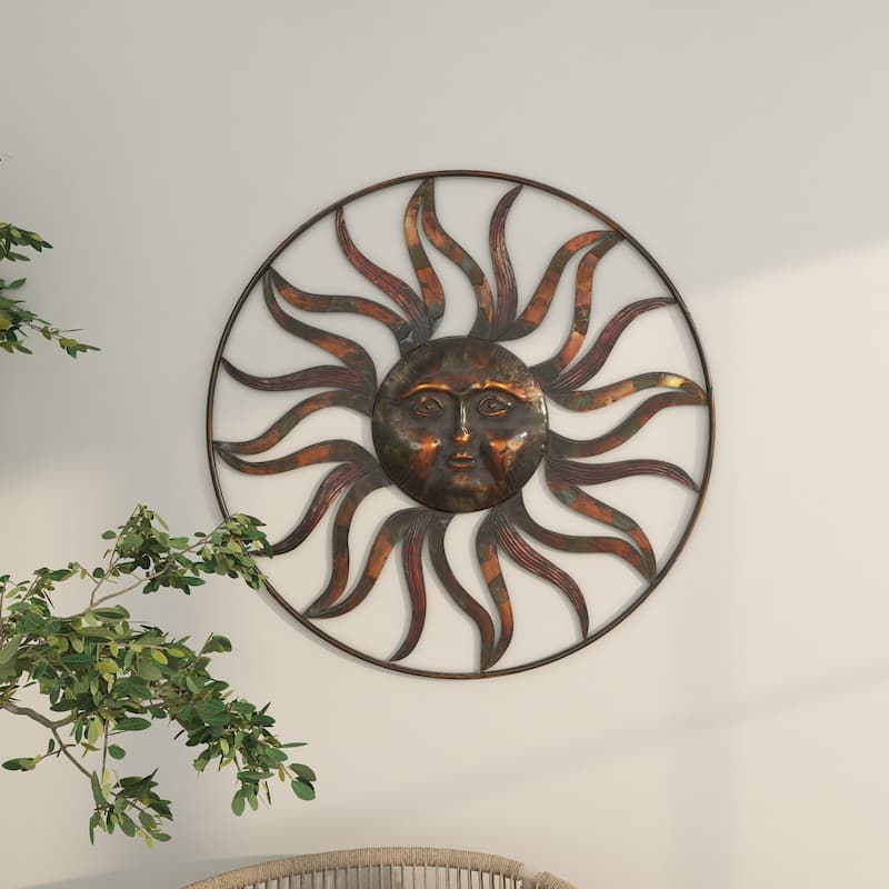 Brown Metal Indoor Outdoor Sun Home Wall Decor with Colorful Painted Accents