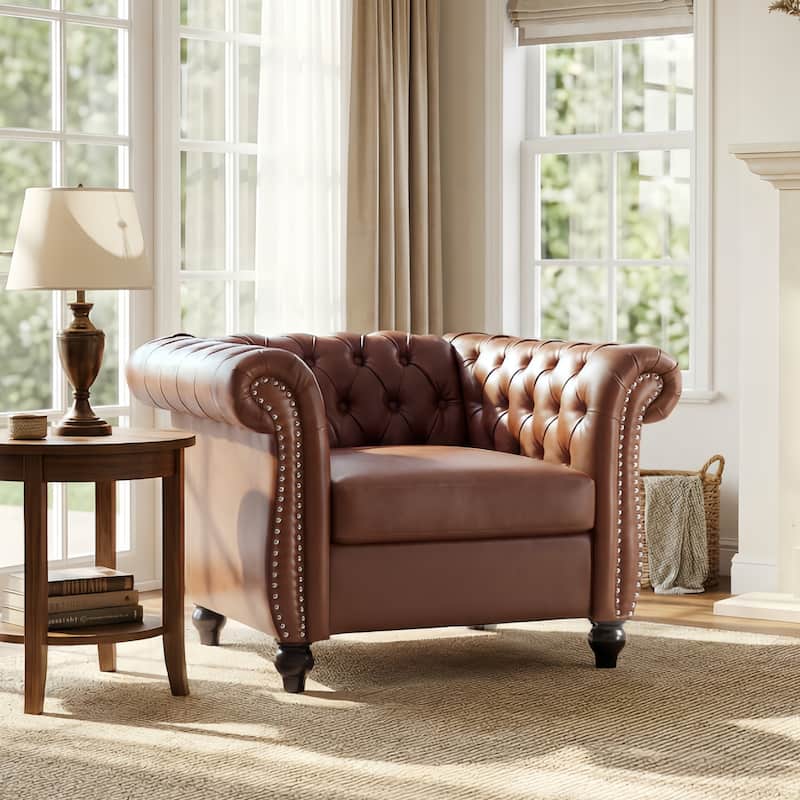 Chesterfield Accent Chairs, Faux Leather Club Chair, Button Tufted Single Sofa Chair with Nailhead Trim, Rolled Arms