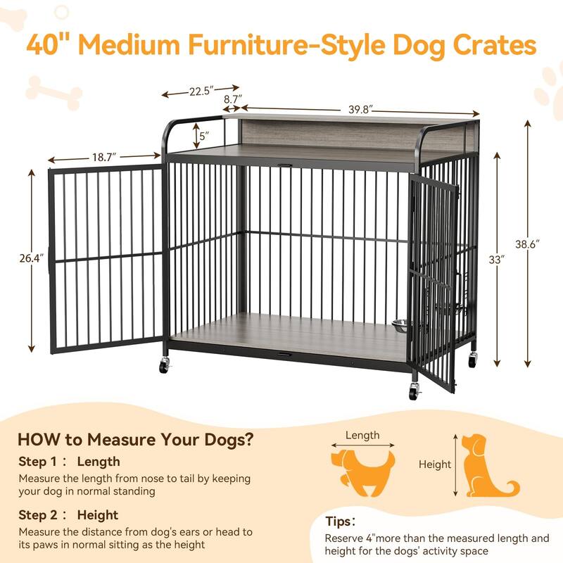 Dog Crate with Wheels, Adjustable Feeder, Storage Shelf, Table Top