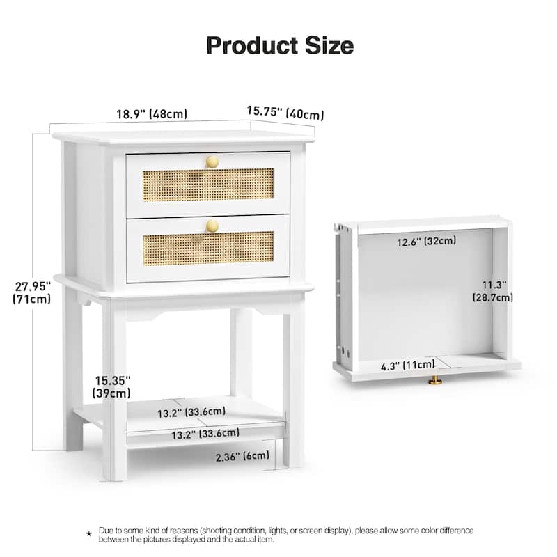 Modern 27.95"H Tall 2-Drawer White Nightstand Wood Rattan Side End Table for Bedroom with Storage Shelf