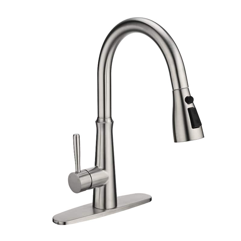 WOWOW Single Handle 3-Mode Pull Out Sprayer Kitchen Faucet - Without Soap Dispenser - Brushed Nickel