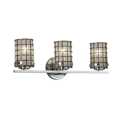 Justice Design Wire Glass Atlas 3-light Polished Chrome Bath Bar, Grid with Clear Bubbles Cylinder - Flat Rim Shade - Silver