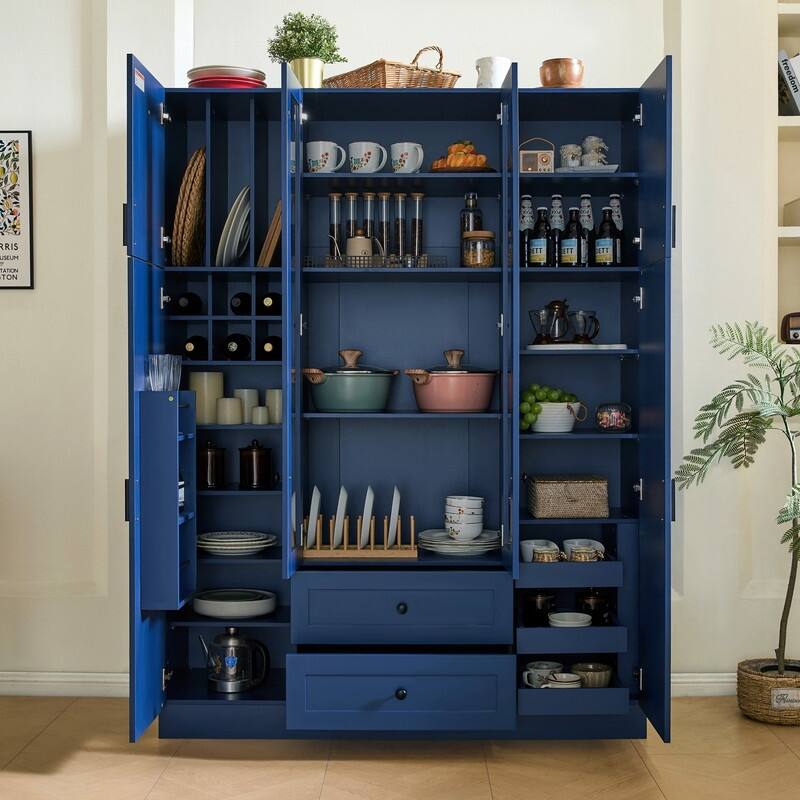 Modern 71" Tall Kitchen Pantry with Storage Cabinet, 6 Doors , Drawers, Adjustable Shelves,Pull-out Trays and Wine Rack