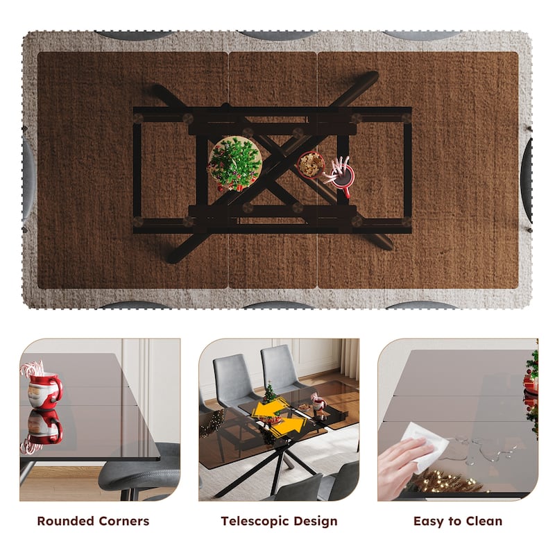 Modern Rectangle Expandable Dining Table with Retractable Leaf, Carbon Steel X-Base