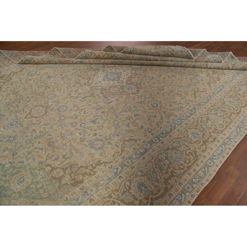 Muted Distressed Kashan Persian Antique Rug Hand-knotted Wool Carpet - 9'3" x 13'4"