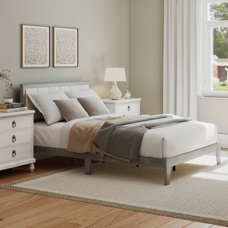 HOMCOM Full Size Bed Frame with Upholstered Headboard, Platform Bed Frame with Wooden Slats