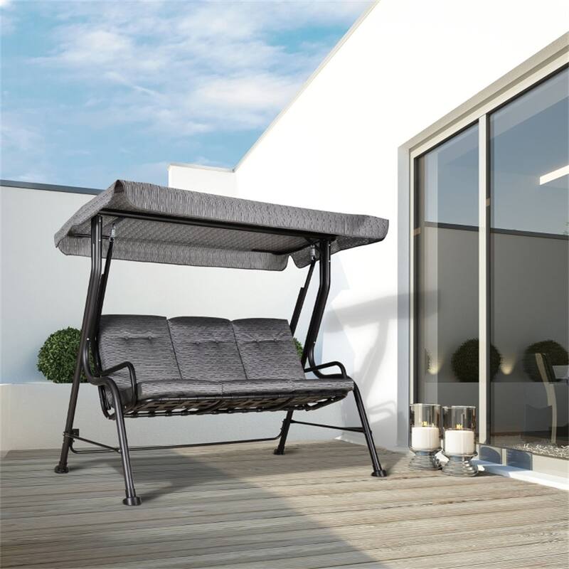 3 Seat Outdoor Porch Swing with Adjustable Canopy and Cushioned Patio Swing Chair for Garden Deck - 78.75" L x 47.25" W x 67" H