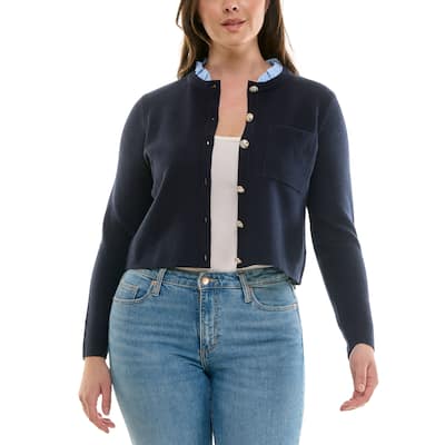 Nanette Lepore Women's Button-Up Knit Cardigan with Denim Collar