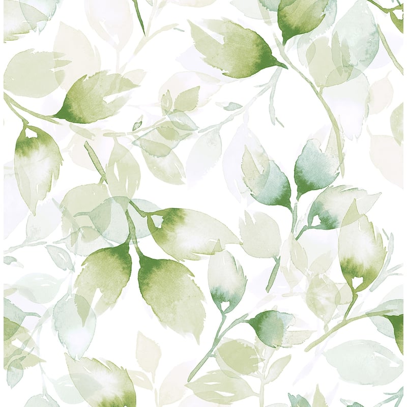 Luxe Haven Watercolor Tossed Leaves Peel and Stick Wallpaper - 20.5 in W x 18 ft. L - Green Ivy