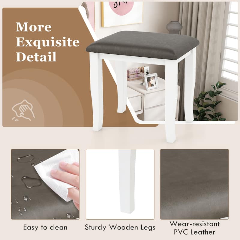 Gymax 2PCS Vanity Stool Chair Solid Wood Ottoman Set w/ Padded Seat