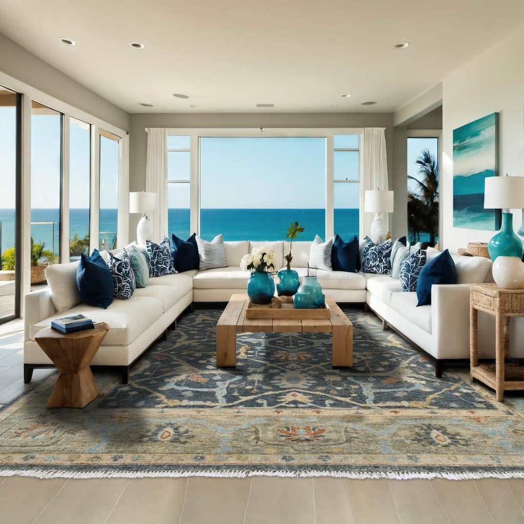 Multi Size Blue Hand Knotted Oushak Wool Area Rug Traditional Design