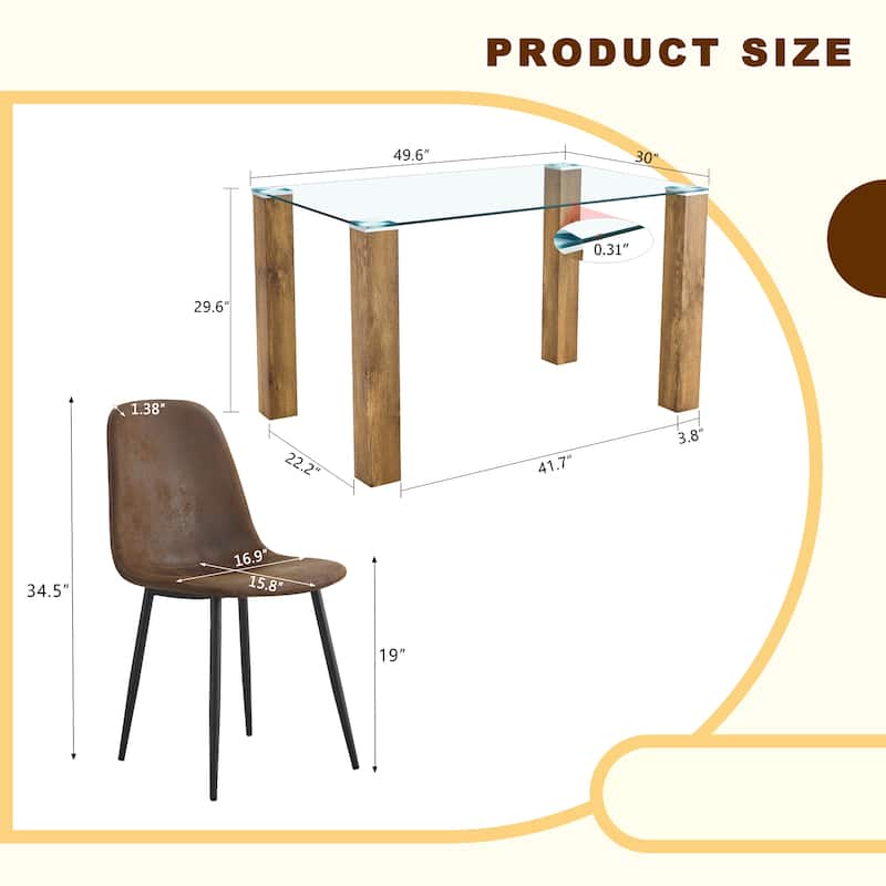 Glass Dining Table Set for 4, 5-Piece Rectangular Glass Kitchen Table Set with 4 Upholstered Dining Chairs for Small Spaces