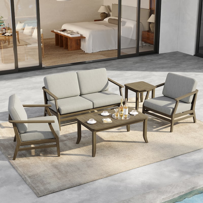 5-Piece Outdoor Teak Wood Patio Conversation Set with Cushions