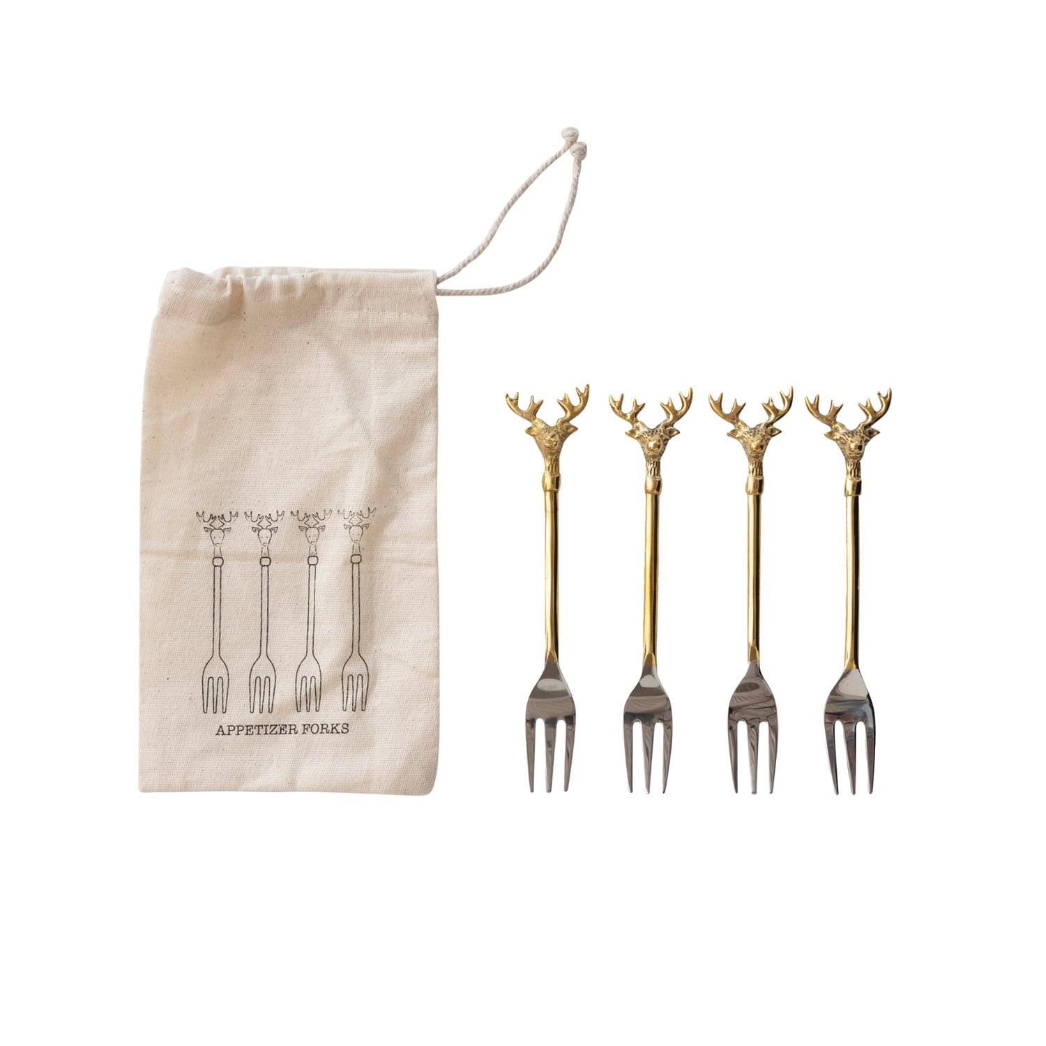 Stainless Steel and Brass Forks with Reindeer Handles