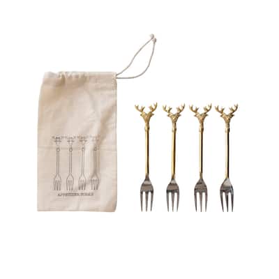 Stainless Steel and Brass Forks with Reindeer Handles