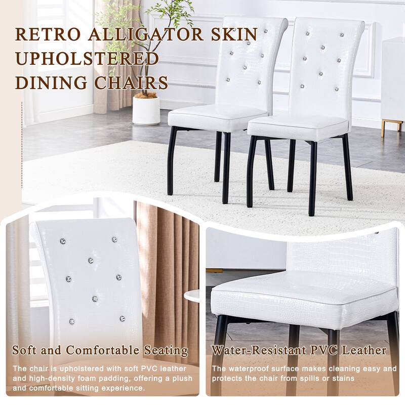 A set of 2 vintage crocodile leather cushioned dining chairs, featuring crystal clasp design and artificial leather design