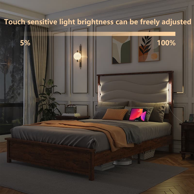 Queen Size bed Frame with Upholstered Headboard, Queen bed Frame with Charging Station and LED Lights, Wood Slats