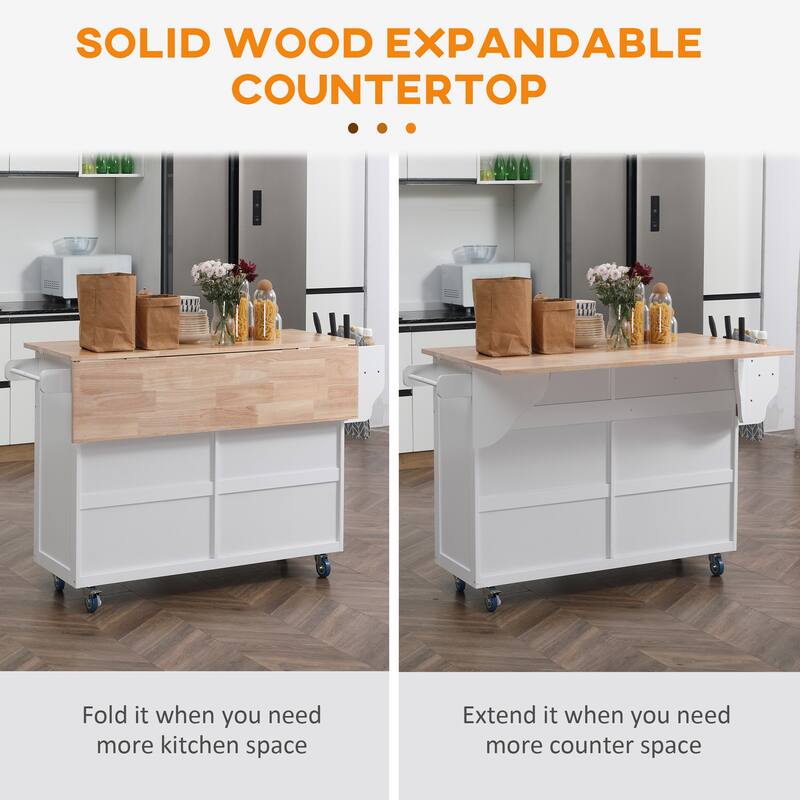 Kitchen Island Cart on Wheels, Wood Drop Leaf Breakfast Bar, Rolling Island Cart with Adjustable Shelves, 4-Door & 2 Drawers