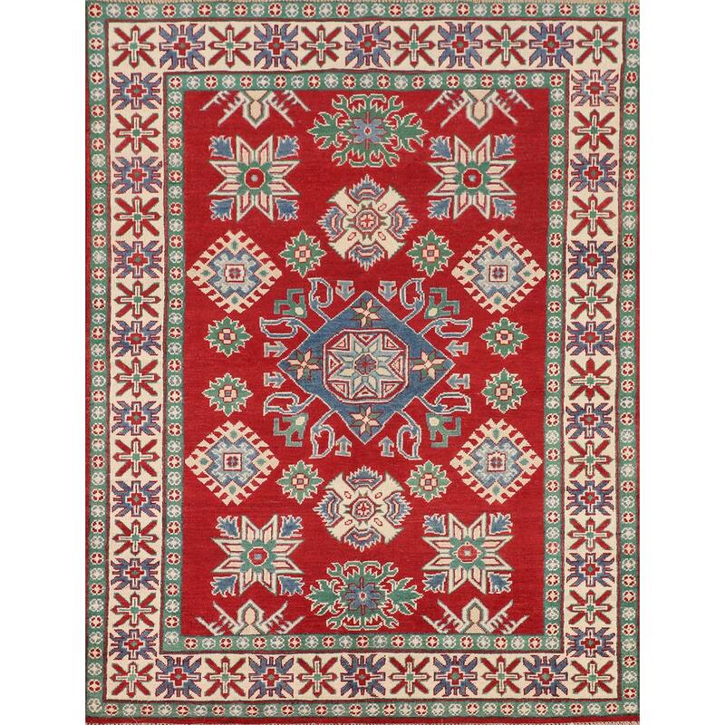 Red Kazak Oriental Area Rug Hand-Knotted Geometric Wool Carpet - 5'0" x 6'7"