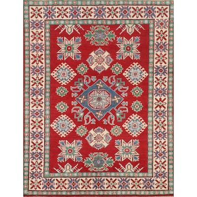 Red Kazak Oriental Area Rug Hand-Knotted Geometric Wool Carpet - 5'0" x 6'7"