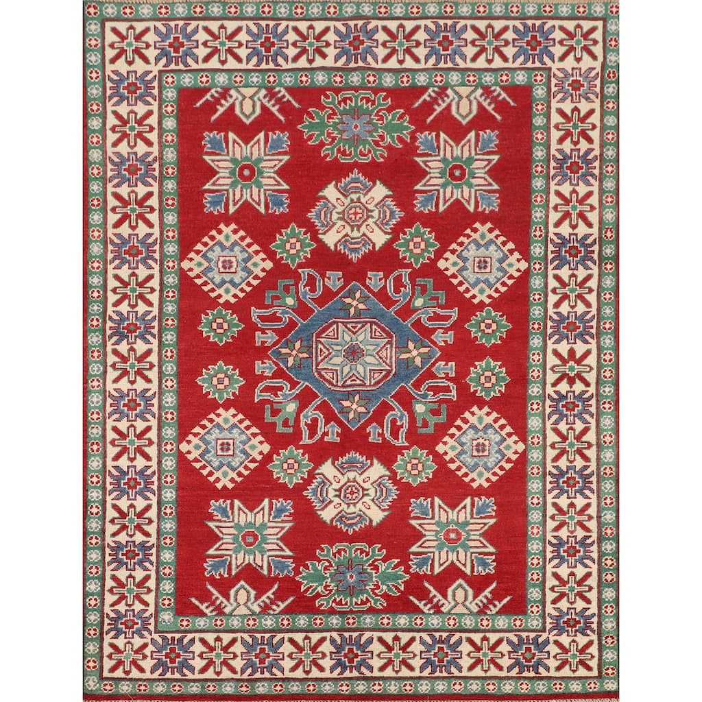 Red Kazak Oriental Area Rug Hand-Knotted Geometric Wool Carpet - 5'0" x 6'7"