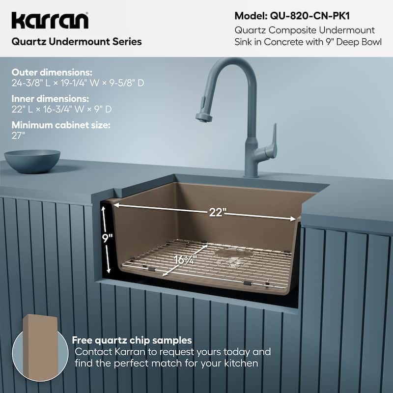 Karran Undermount 24.38 in Single Bowl Quartz Kitchen Sink Kit