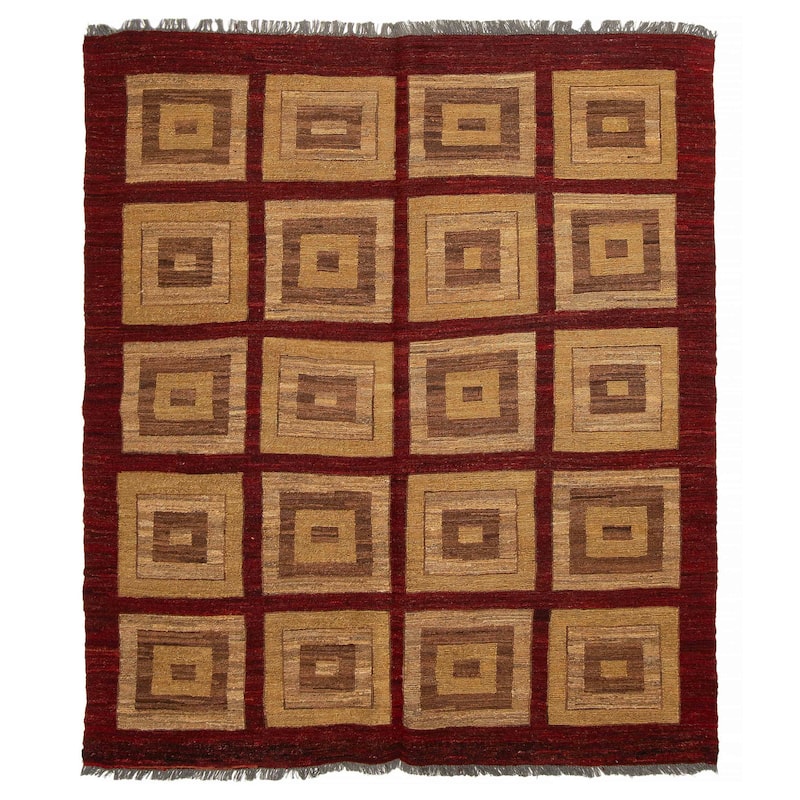 ECARPETGALLERY Flat-Weave Natural Burgundy Wool Tapestry Kilim - 5'0 x 5'11 - Burgundy - 5'0 x 5'11