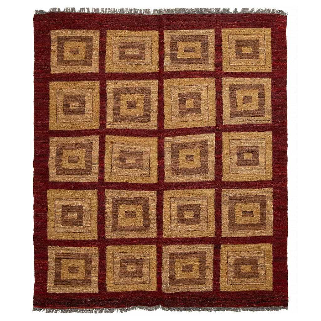 ECARPETGALLERY Flat-Weave Natural Burgundy Wool Tapestry Kilim - 5'0 x 5'11