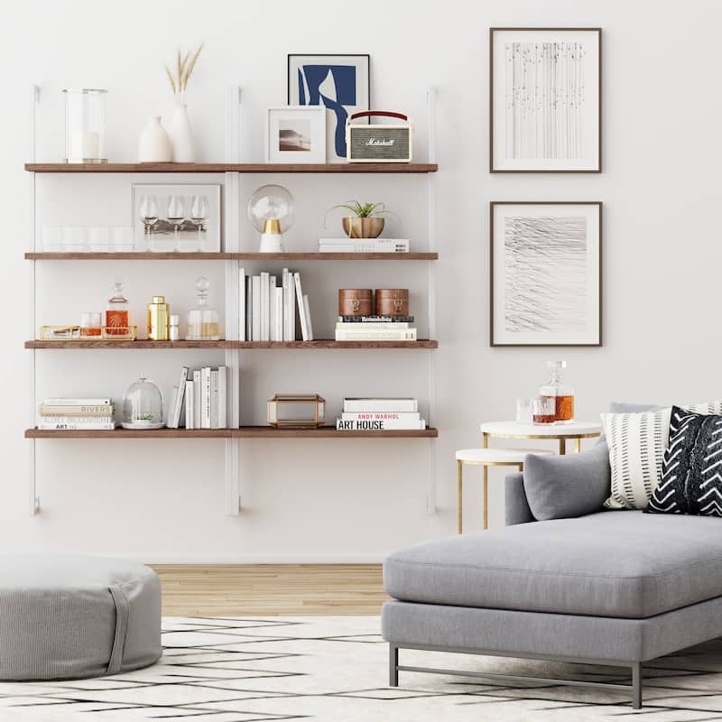 Nathan James Theo 4-Shelf Bookcase Floating Wall Mount Natural Wood Industrial Pipe Metal Frame