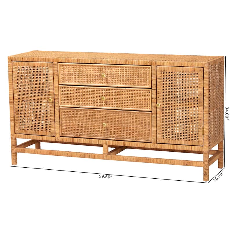 Vivan Bohemian Honey Rattan and Mahogany Wood 3-Drawer Storage Cabinet