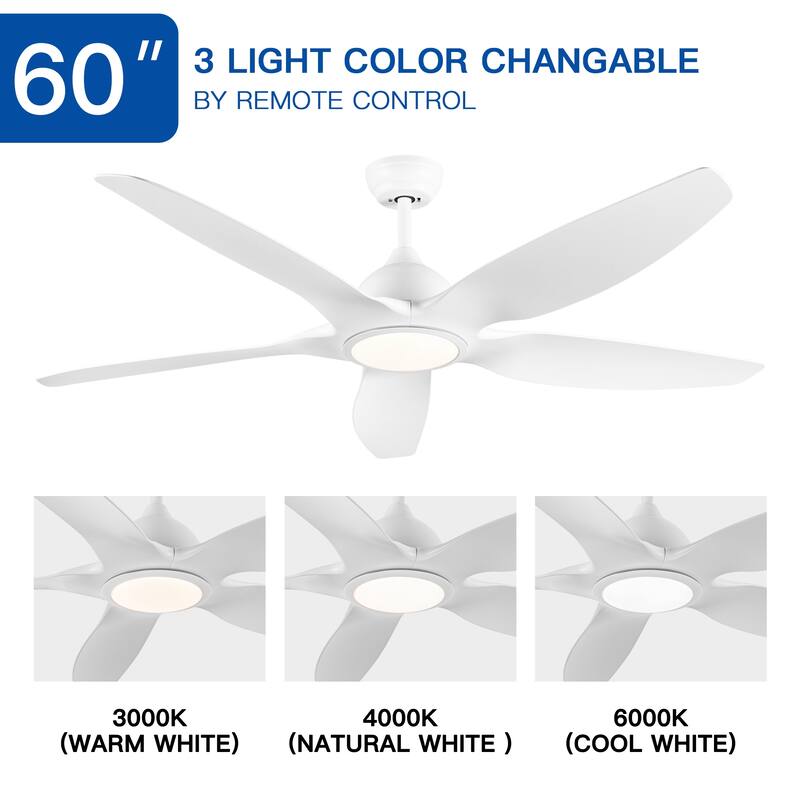 60 in.Matte White Indoor Ceiling Fan with Light, DC Motor and Remote Control