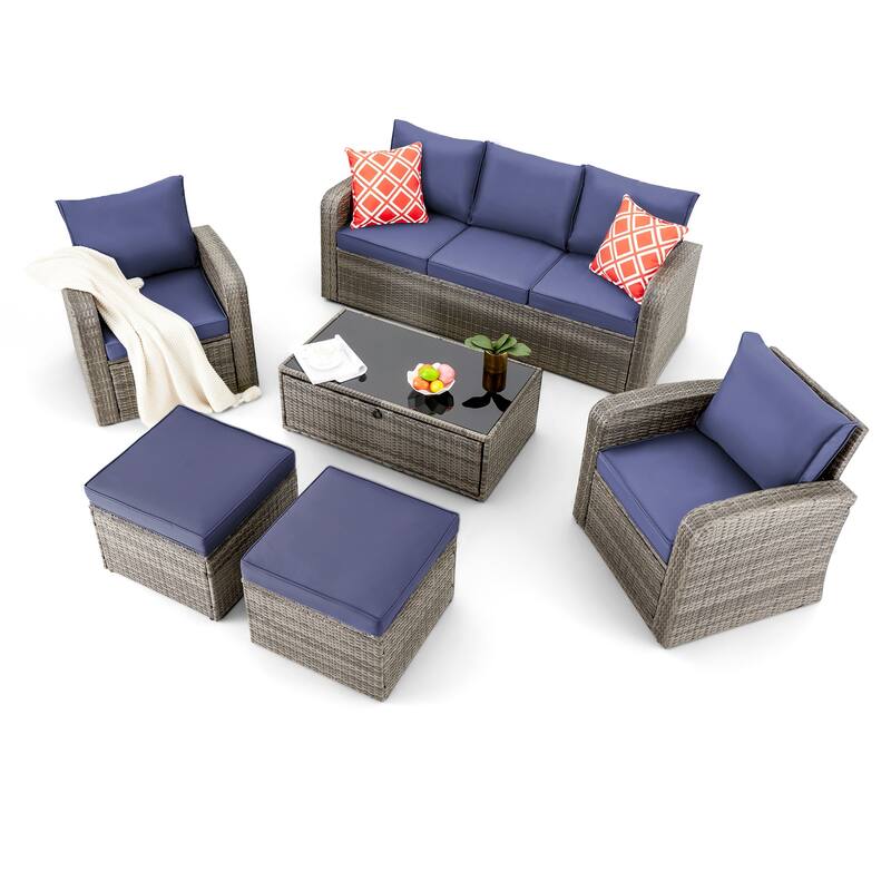 EROMMY 6/7 Piece Modular Outdoor Rattan Sofa Set, All-Weather Wicker Patio Furniture with Storage Table, Cushions & Pillows