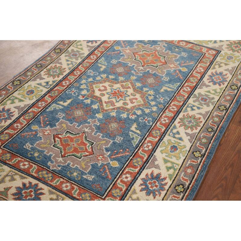Blue Traditional Kazak Oriental Foyer Rug Hand-Knotted Wool Carpet - 2'8" x 4'3"