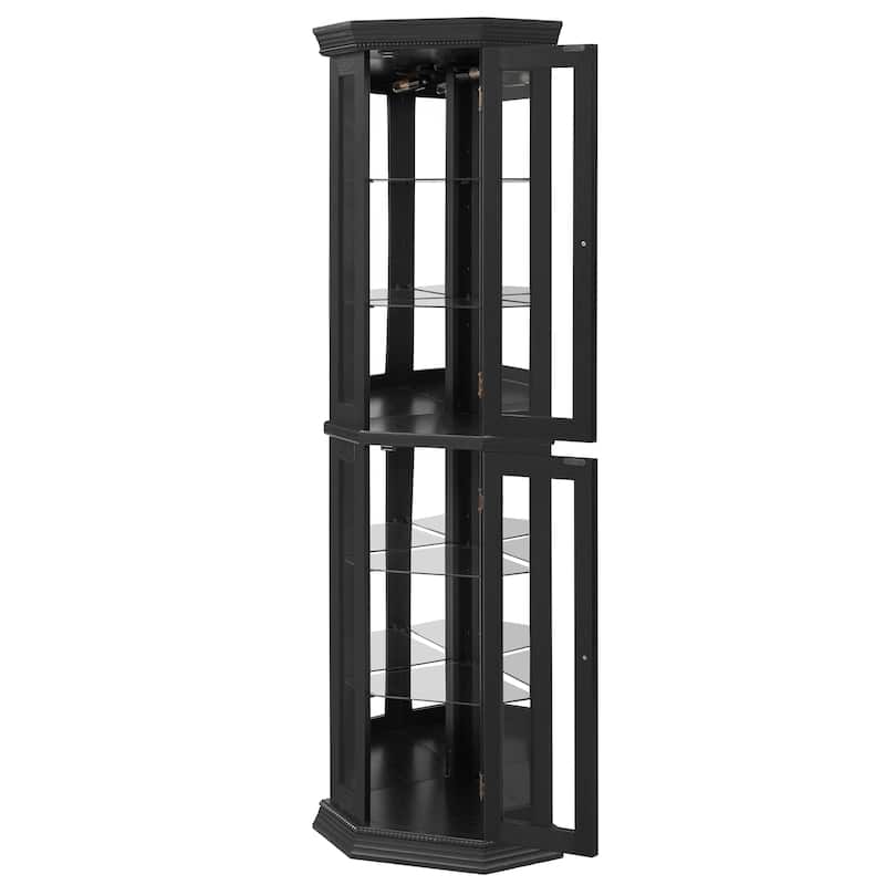 Lighted Corner Curio Cabinet with Tempered Glass Doors, Floor Standing Display Cabinet, China Cabinet with Adjustable Shelves