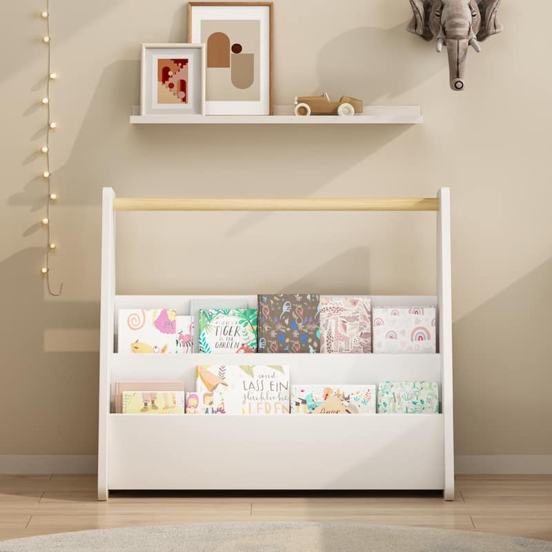 Kids Bookshelf with Wooden Handle, 2-Tier Front-Facing Toddler Bookcase, Portable Children's Book Storage Organizer for Bedroom