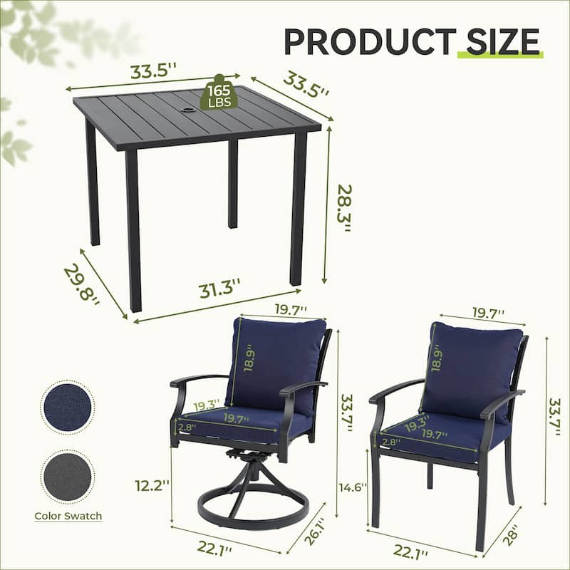 IvyGlow 5-Piece Black Metal Patio Dining Set with Square Table, 2 Swivel Dining Chairs and Gray Cushions