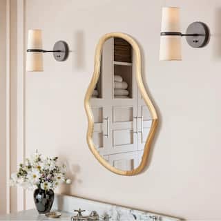 Natural Pine Wood Frame Oblong Irregular Wall Mirror, Accent and Vanity - 31.5" H x 17.52" W