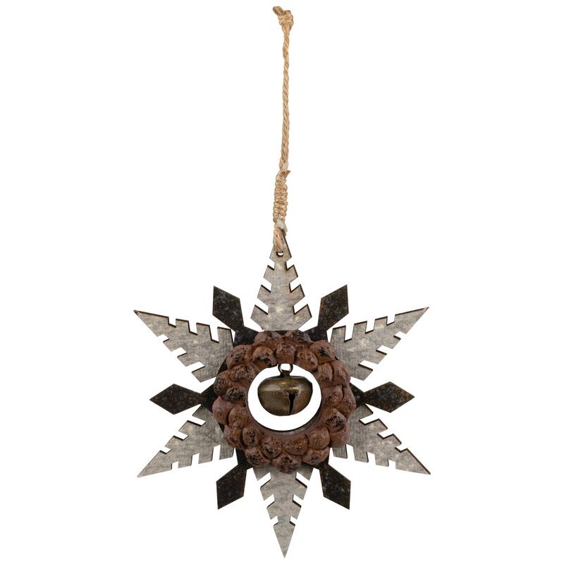 Snowflake with Jingle Bell Wooden Christmas Ornament - 6" - Brown and Beige