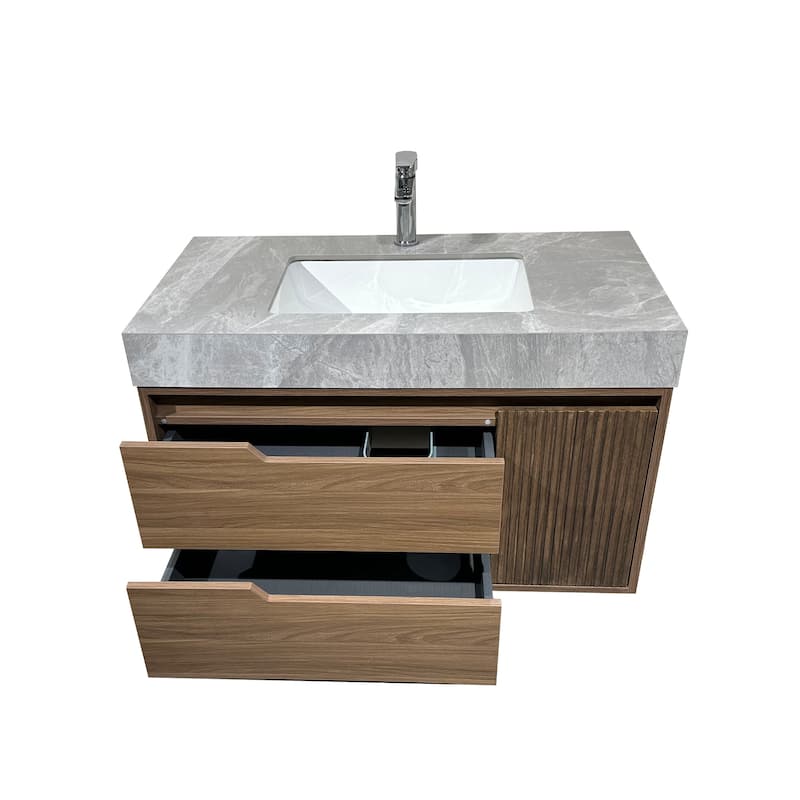 36"Mid Century Modern Wall-Mounted Bathroom Vanities,Single Sink,Brown Wood Texture with Sintered Stone Table top