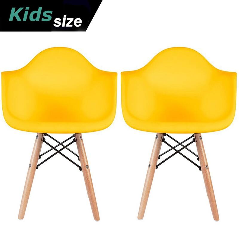 Set of 2 Modern Kids Toddler Size Molded Plastic Armchair With Arma Seat for Children's Room Natural Wood Eiffel Legs - Yellow
