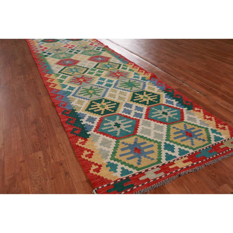 Hand Woven Oriental 100% Wool Carpet Southwestern All-Over Multi-Colored Kilim Runner Rug - 15' 11'' X 2' 10''